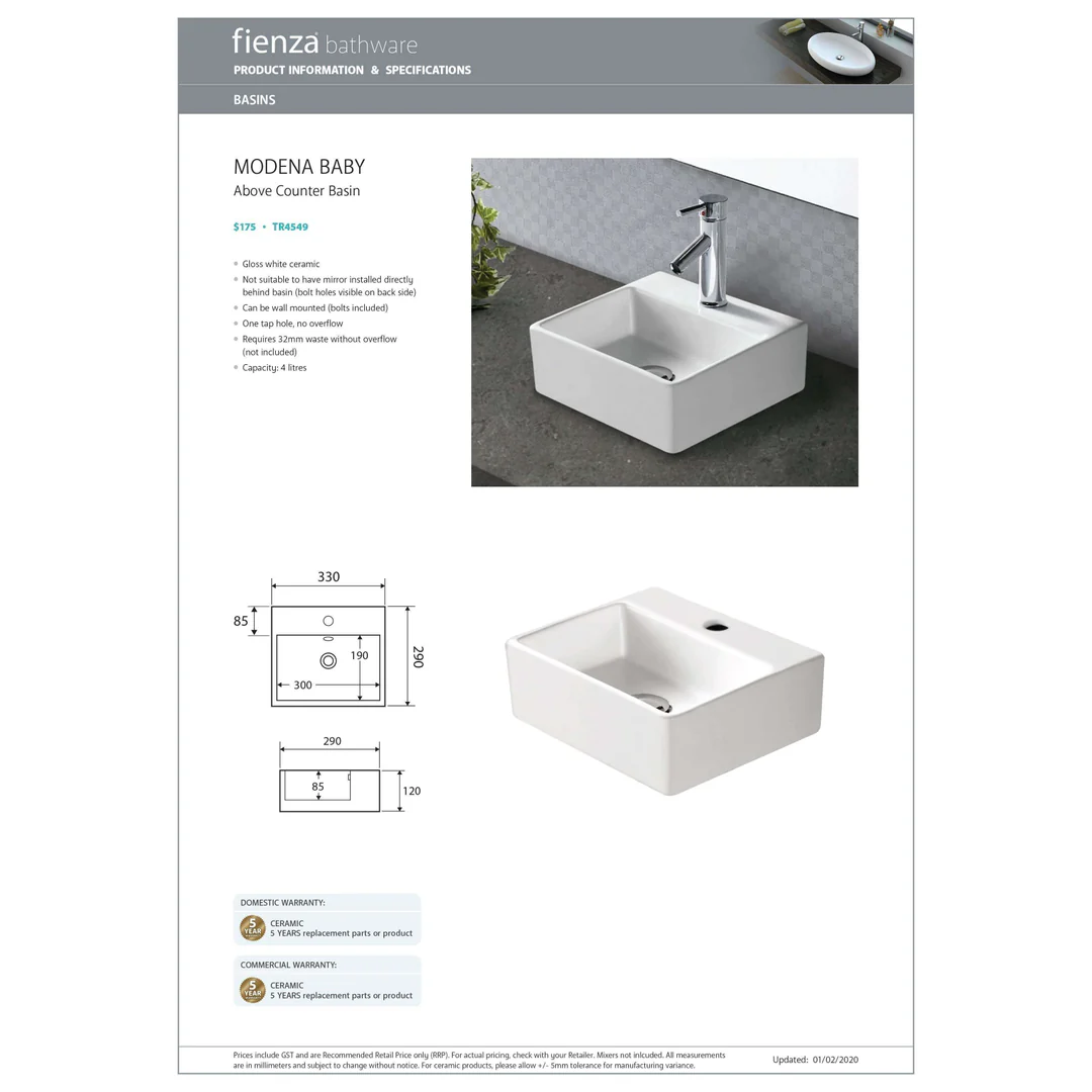 Fienza Baby Modena Above Counter Basin Wall Hung - Image 4