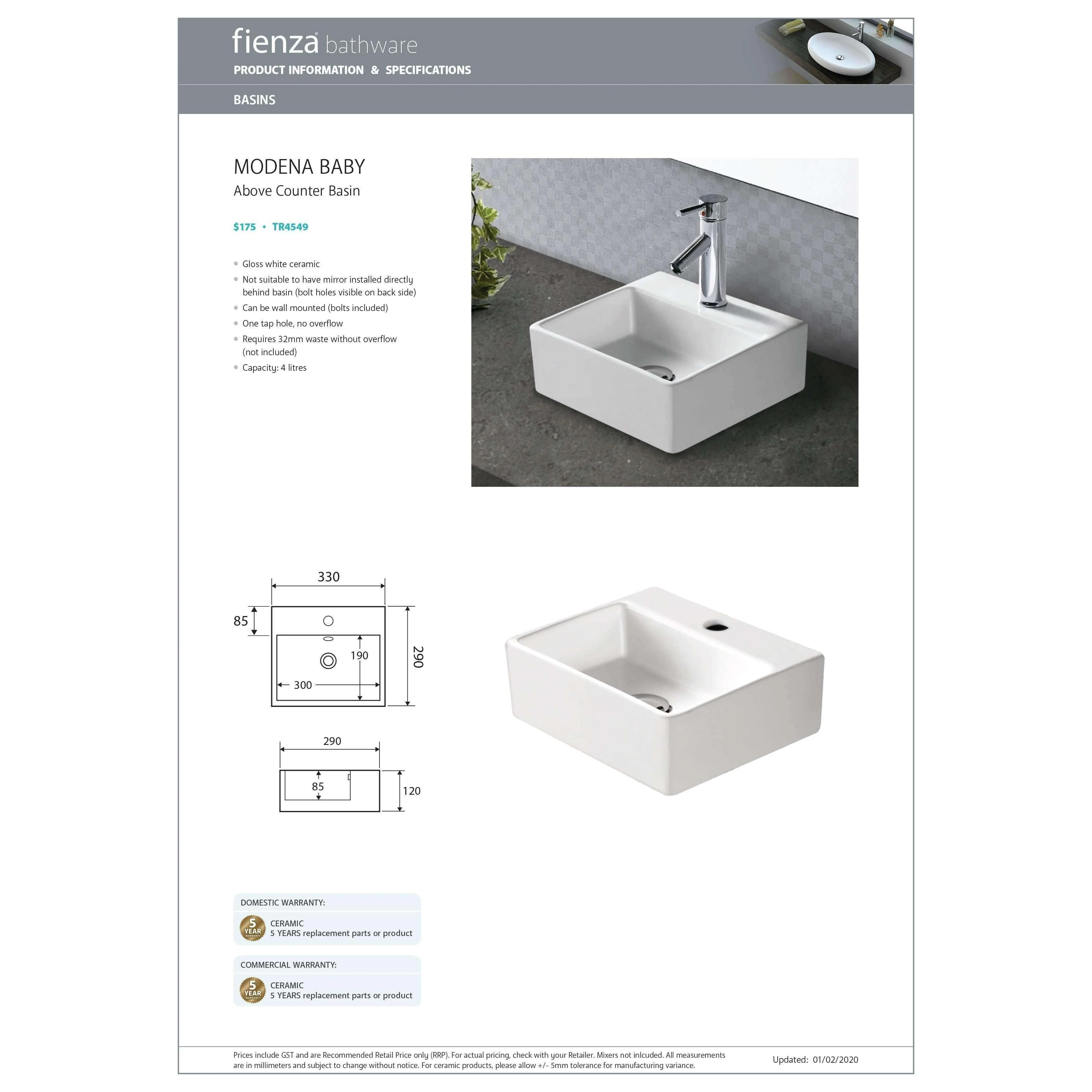 Fienza Baby Modena Above Counter Basin Wall Hung - Image 5
