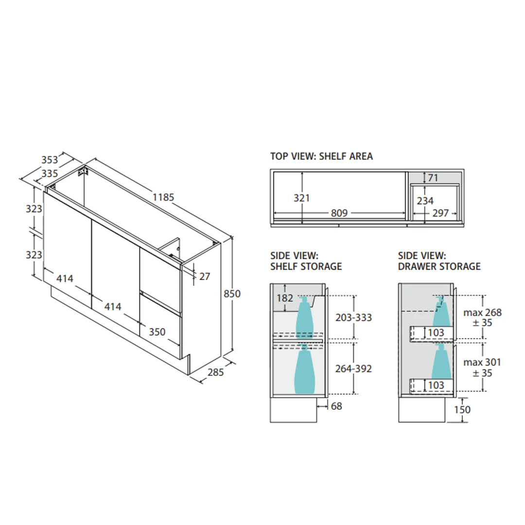 Fienza Carmen 1200 Ensuite All Dr Floor Standing Vanity Std Stone Basin Not Inc A/C - Image 3
