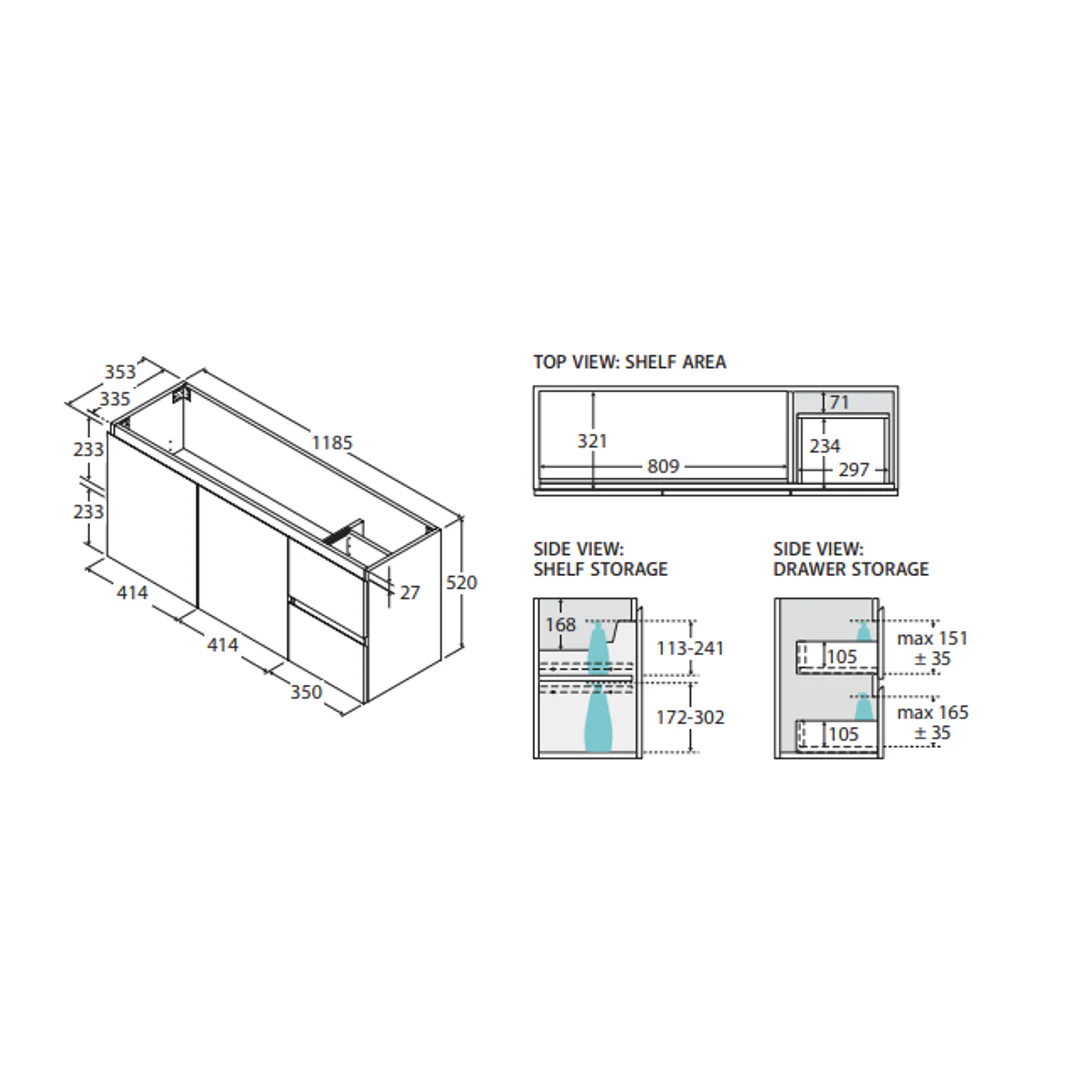 Fienza Carmen 1200 Ensuite All Drawer Wall Hung Vanity Std Stone Basin Not Inc A/C Only - Image 3