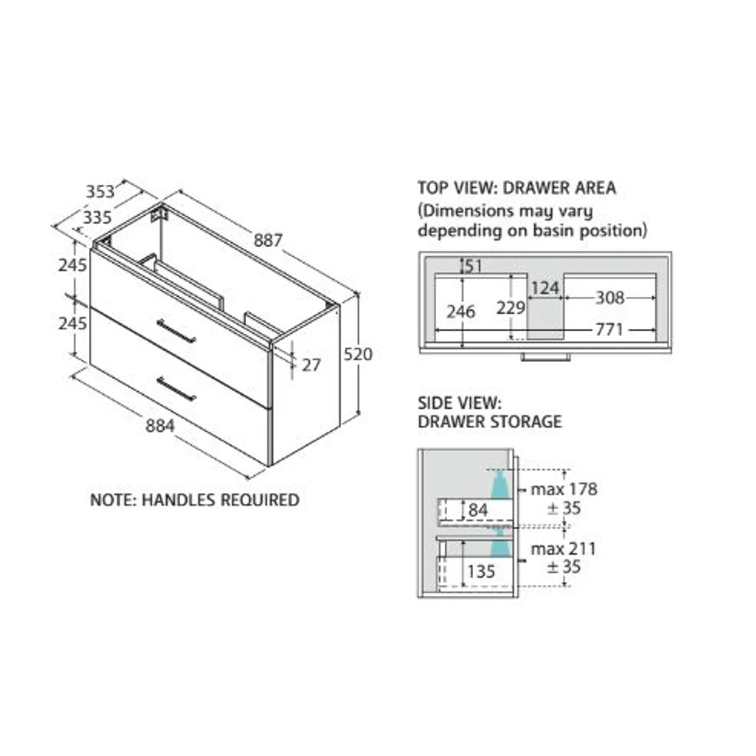 Fienza Carmen 900 Ensuite All Drawer Wall Hung Vanity Std Stone Basin Not Inc A/C Only - Image 2