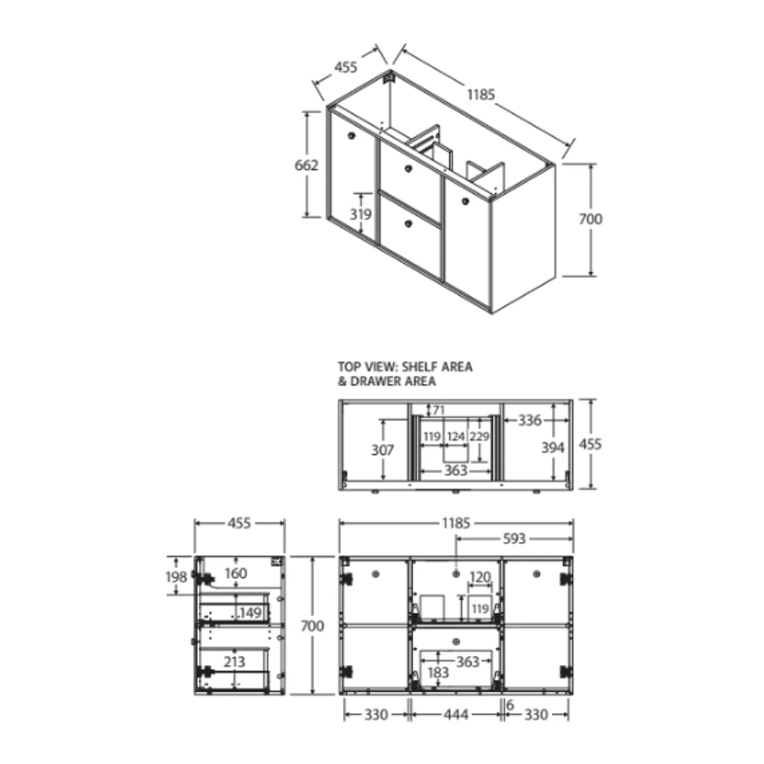 Fienza Cierra 1200 Wall Hung 2D/2Dr Double Bowl Cabinet Only - Image 2