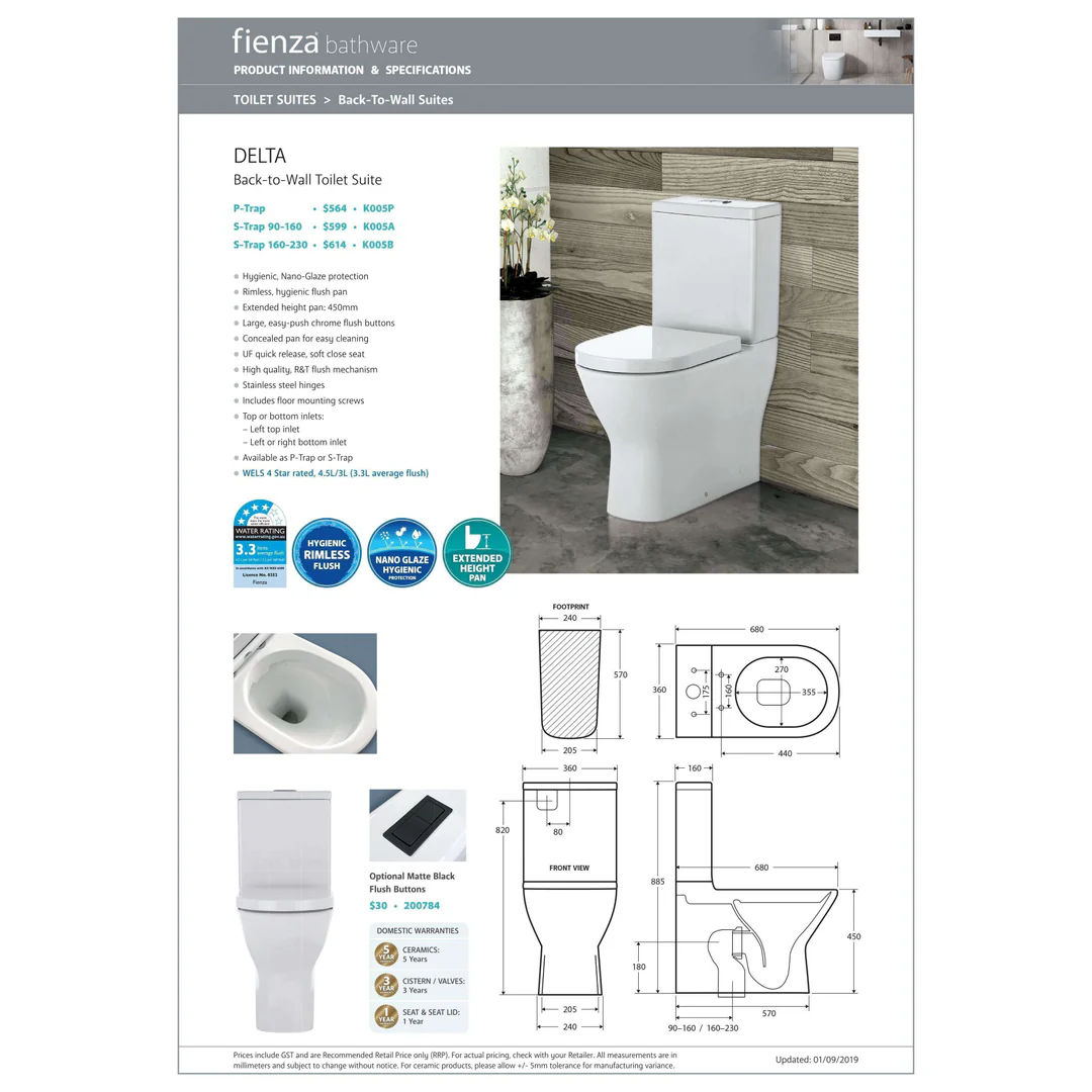 Fienza Delta Toilet Suite S Trap 90-160 Back To Wall Nano Glaze K005A - Image 4
