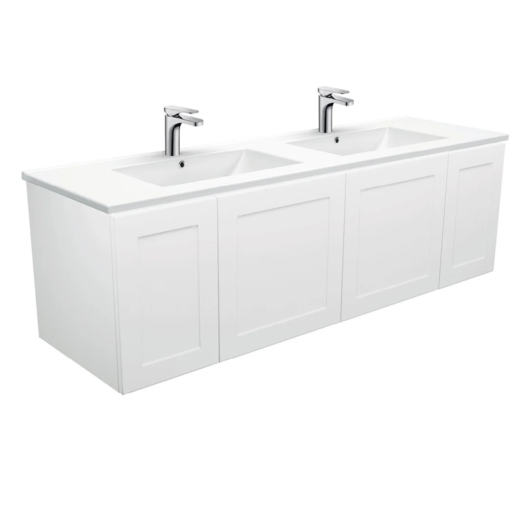 Fienza Dolce Ceramic Wall Hung Mila Shaker Universal Cab No Handles Double Bowl 3 Tap Hole - 1500mm