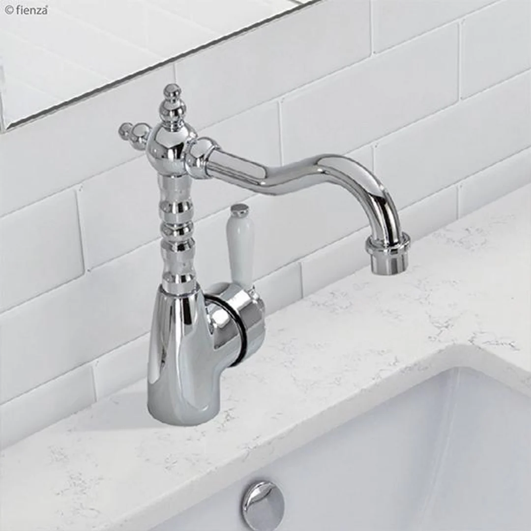Fienza Eleanor Basin Mixer Shepherds Crook Chrome White Ceramic Handle 202103 - Image 4