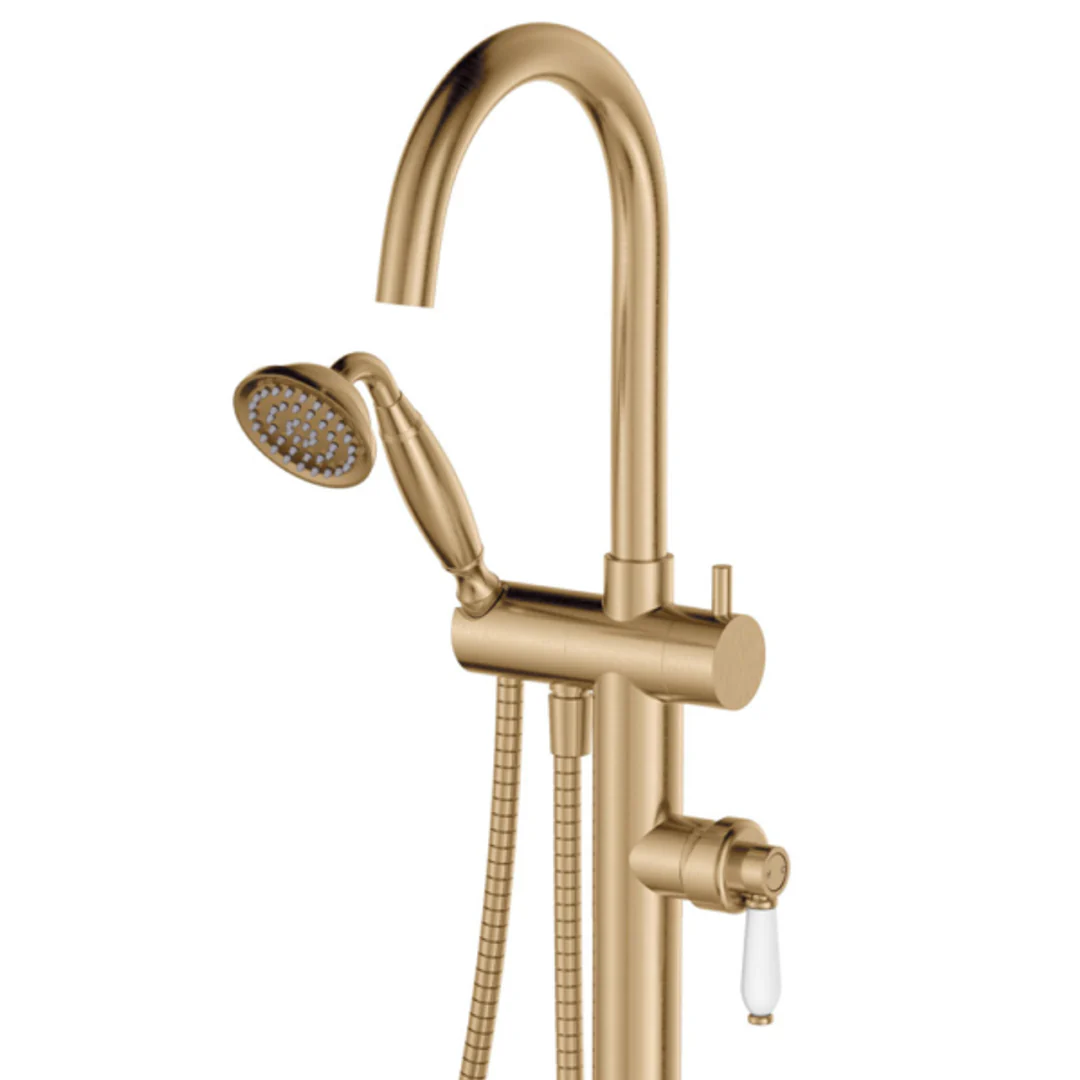 Fienza Eleanor Floor Mixer & Shower Urban Brass/White Ceramic Handle - Image 4