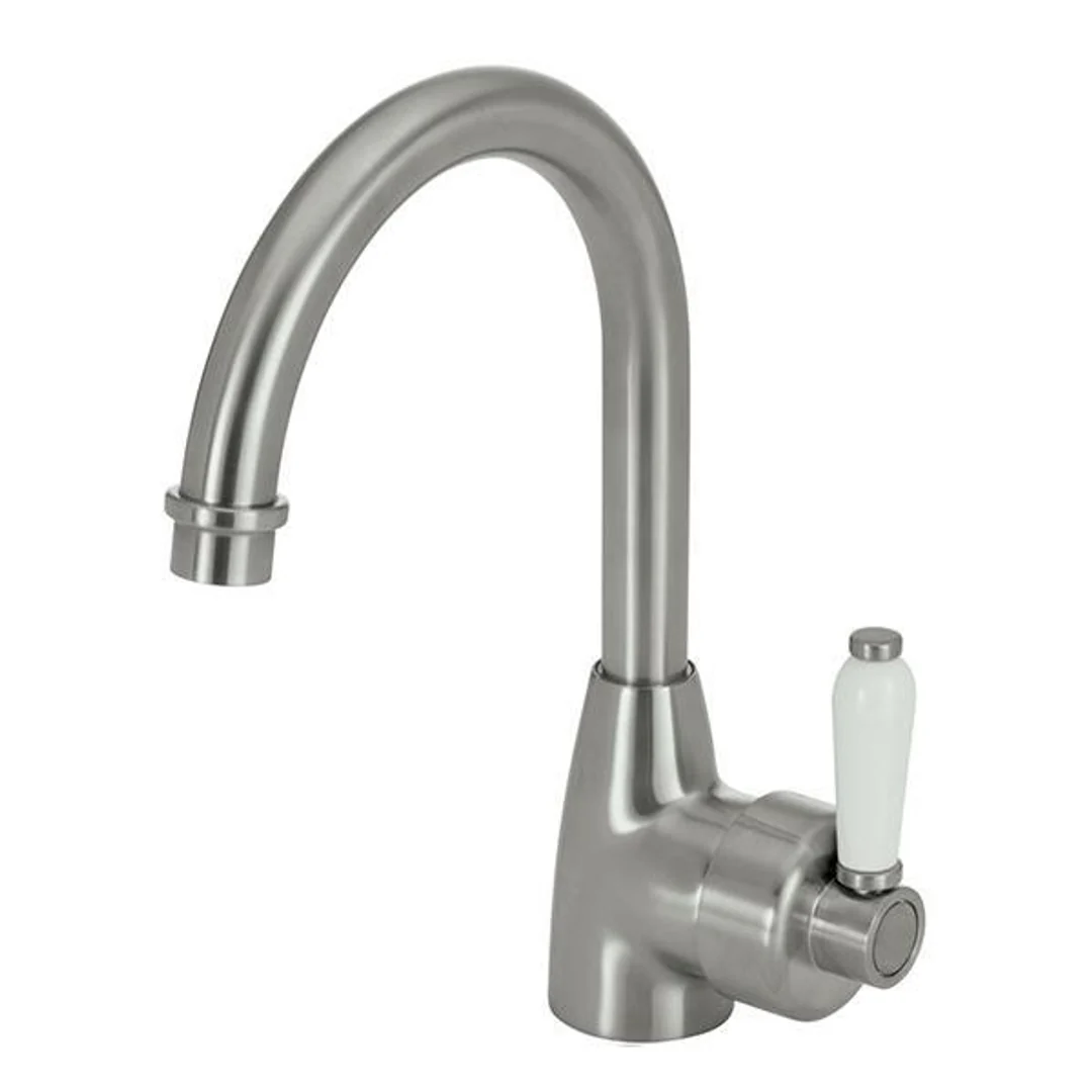 Fienza Eleanor Gooseneck Basin Mixer Brushed Nickel White Handle - Image 2