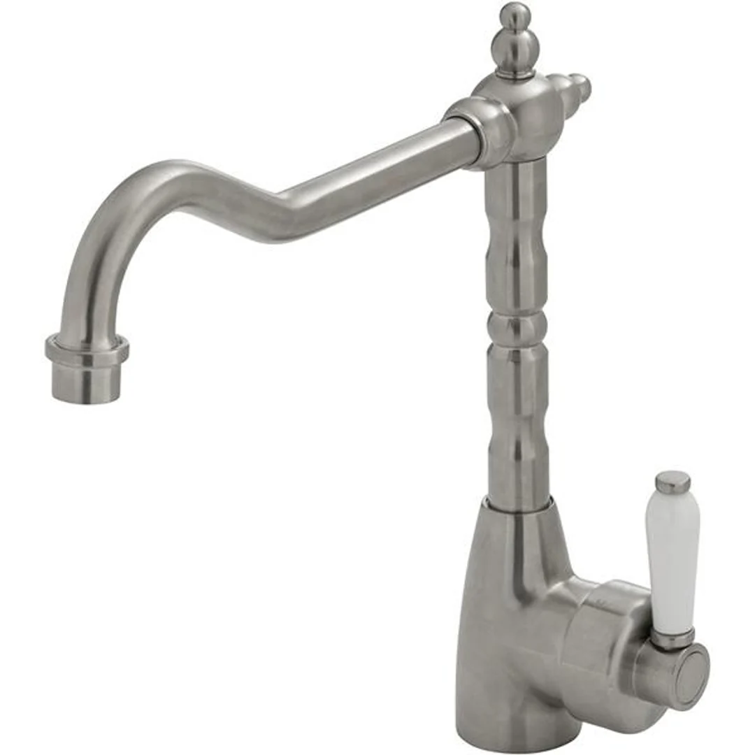 Fienza Eleanor Shepherds Crook Kitchen Sink Mixer Brushed Nickel White Ceramic Handle - Image 2