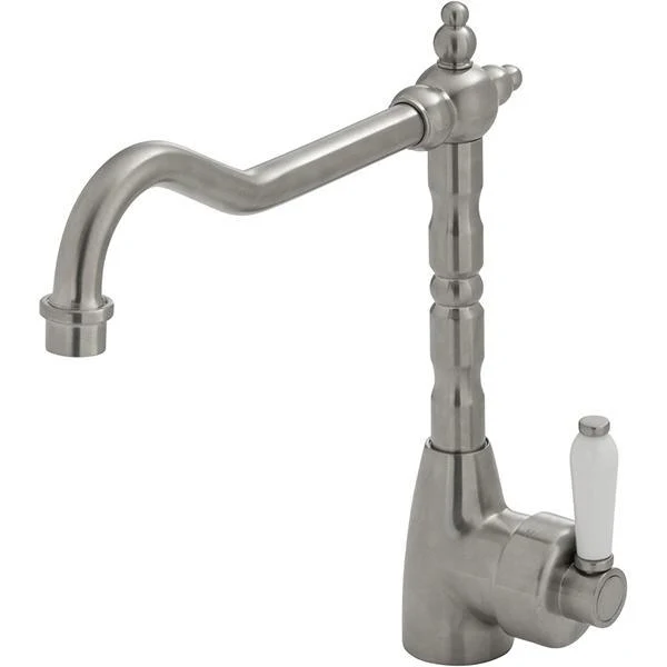 Fienza Eleanor Shepherds Crook Kitchen Sink Mixer Brushed Nickel White Ceramic Handle - Image 4