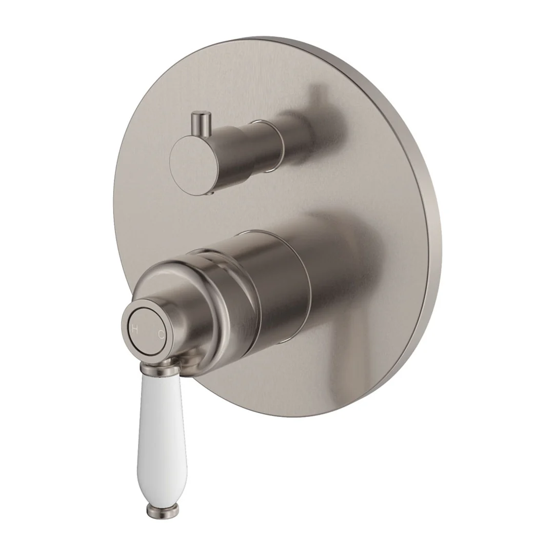 Fienza Eleanor Wall Mixer Diverter Brushed Nickel/White Ceramic Handle