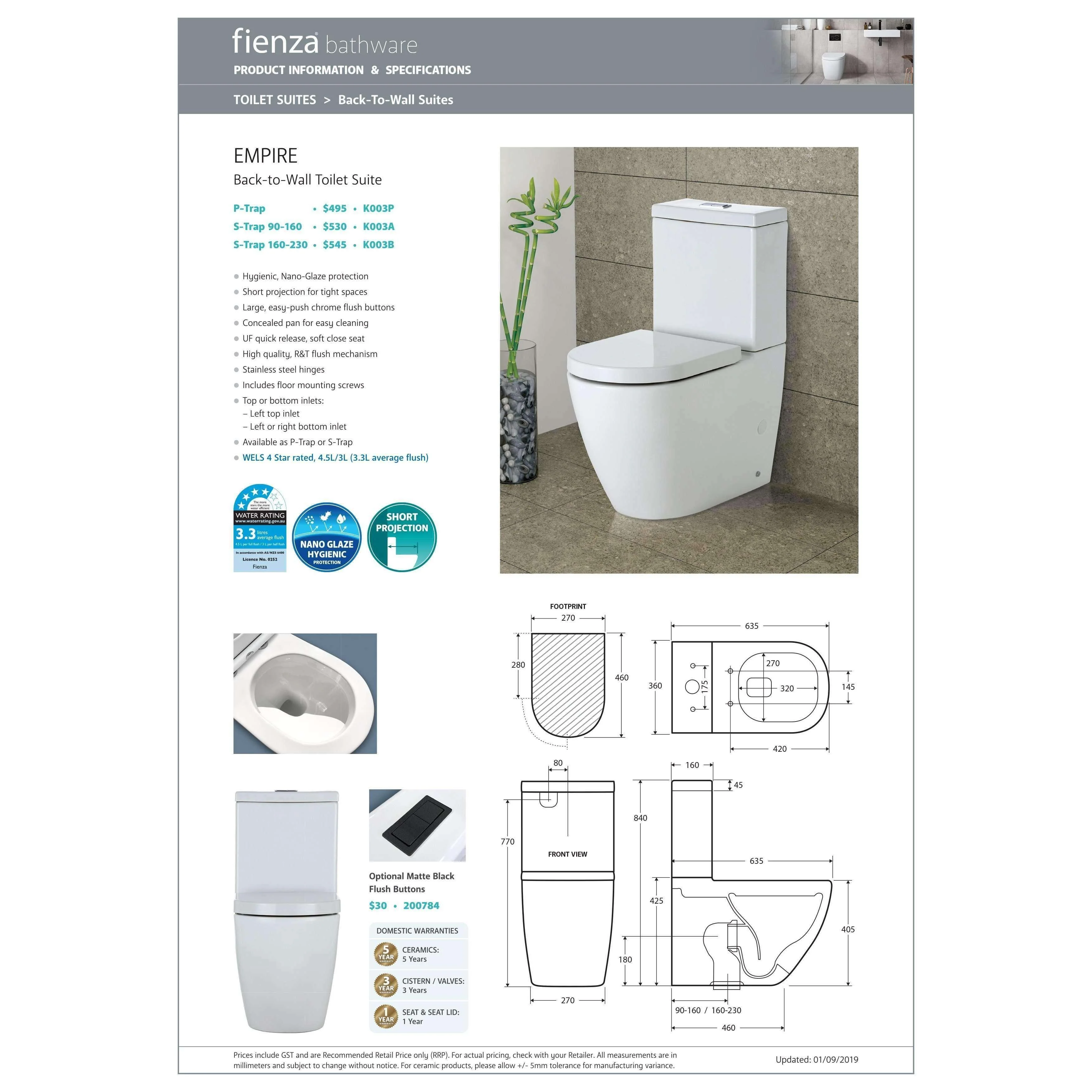 Fienza Empire S Trap 90- 160 Btw Toilet Suite K003A - Image 5