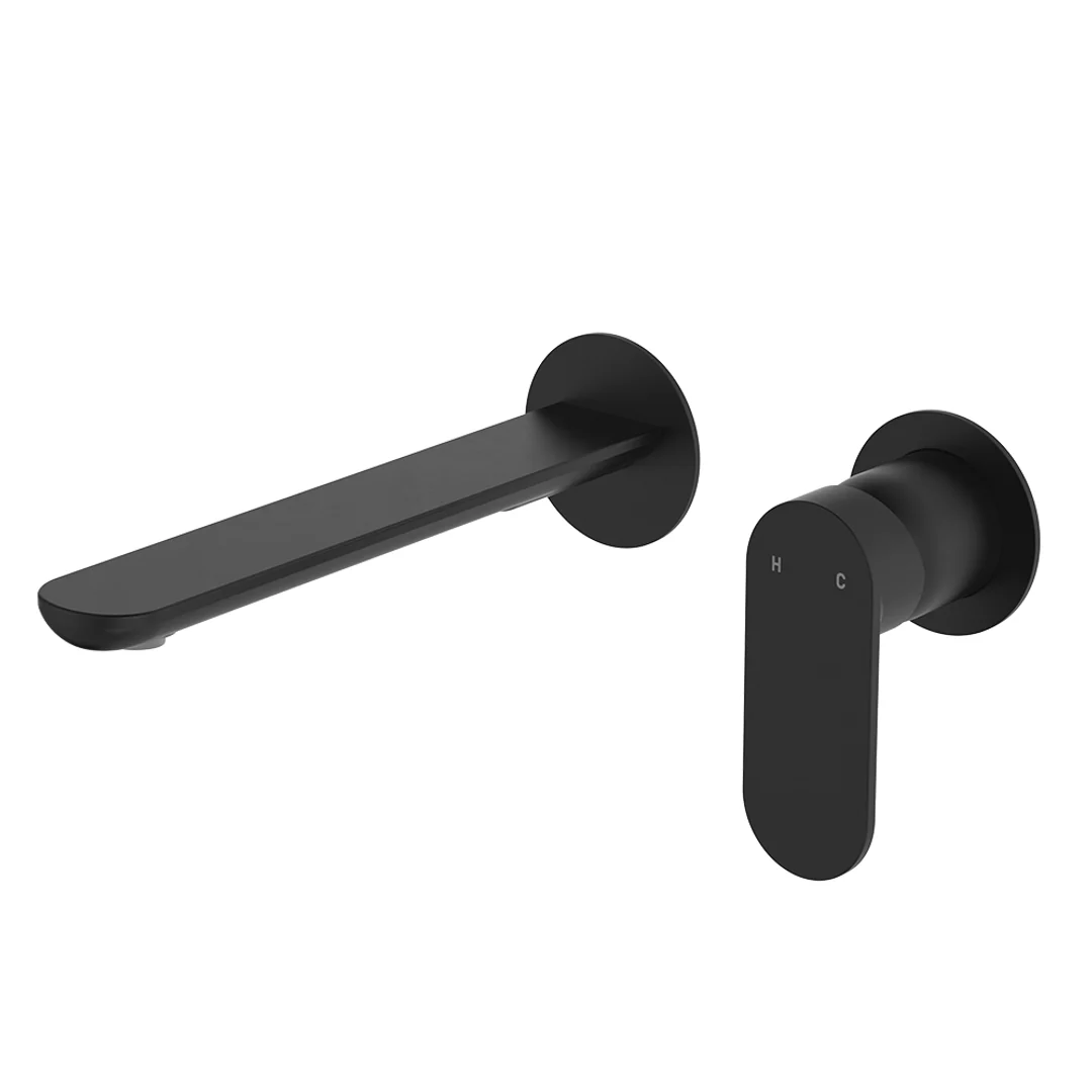 Fienza Empire Slim Basin/Bath Wall Mixer Set Round Plates 200mm Matte Black Lf