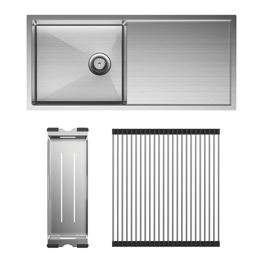 Fienza Hana Single Bowl Sink 36L W/Side Drainer Inc Ss Colander Roller 990X450X200mm