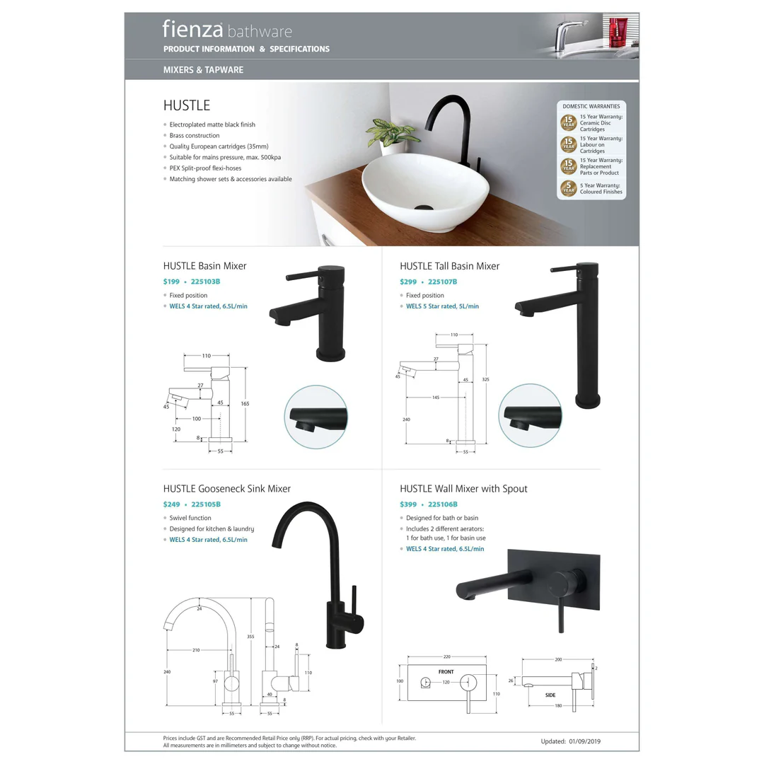 Fienza Hustle Short Basin Mixer 35mm Matte Black 225103B - Image 3