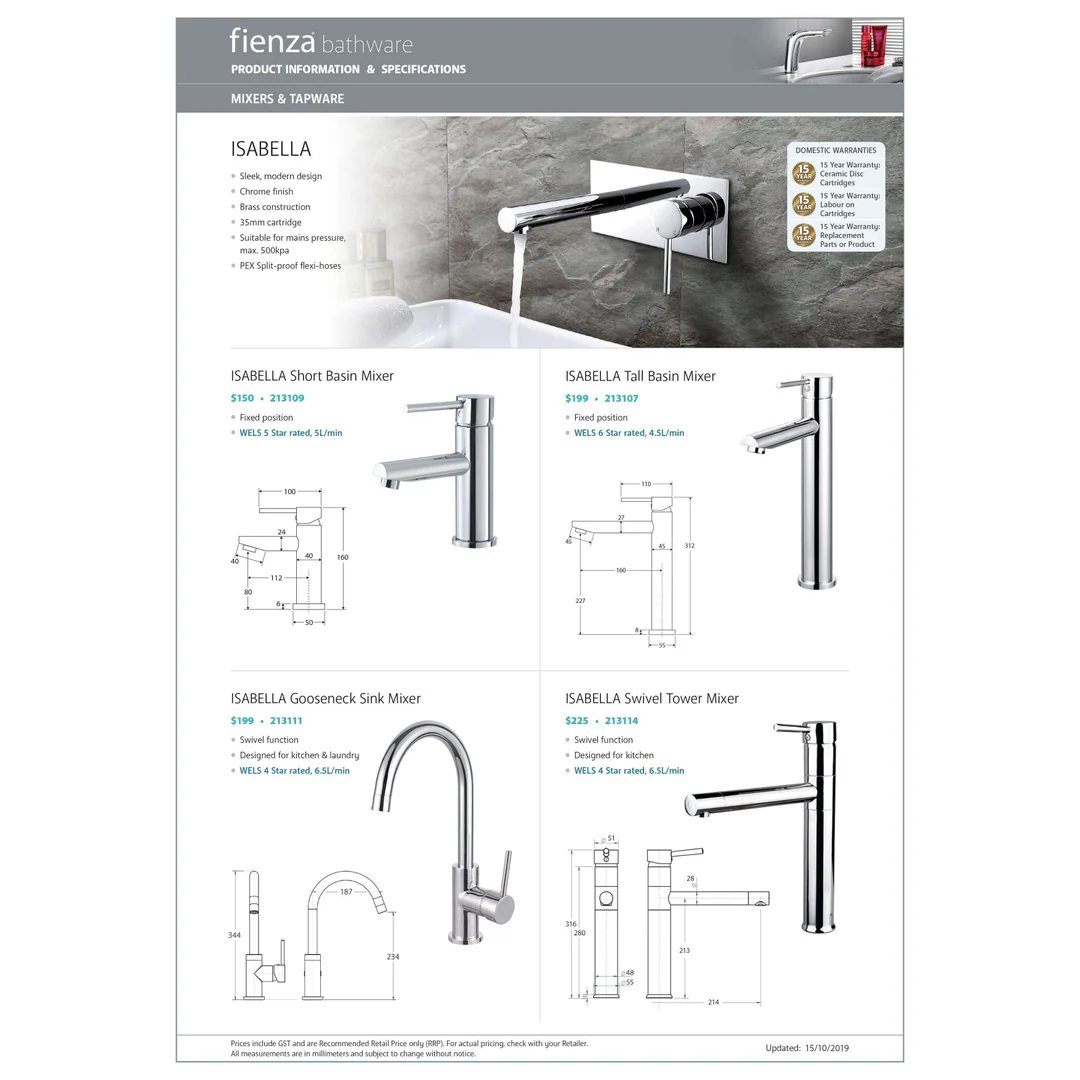 Fienza Isabella Bath Filler Inc Mixer With Shower Head Chro - Image 4