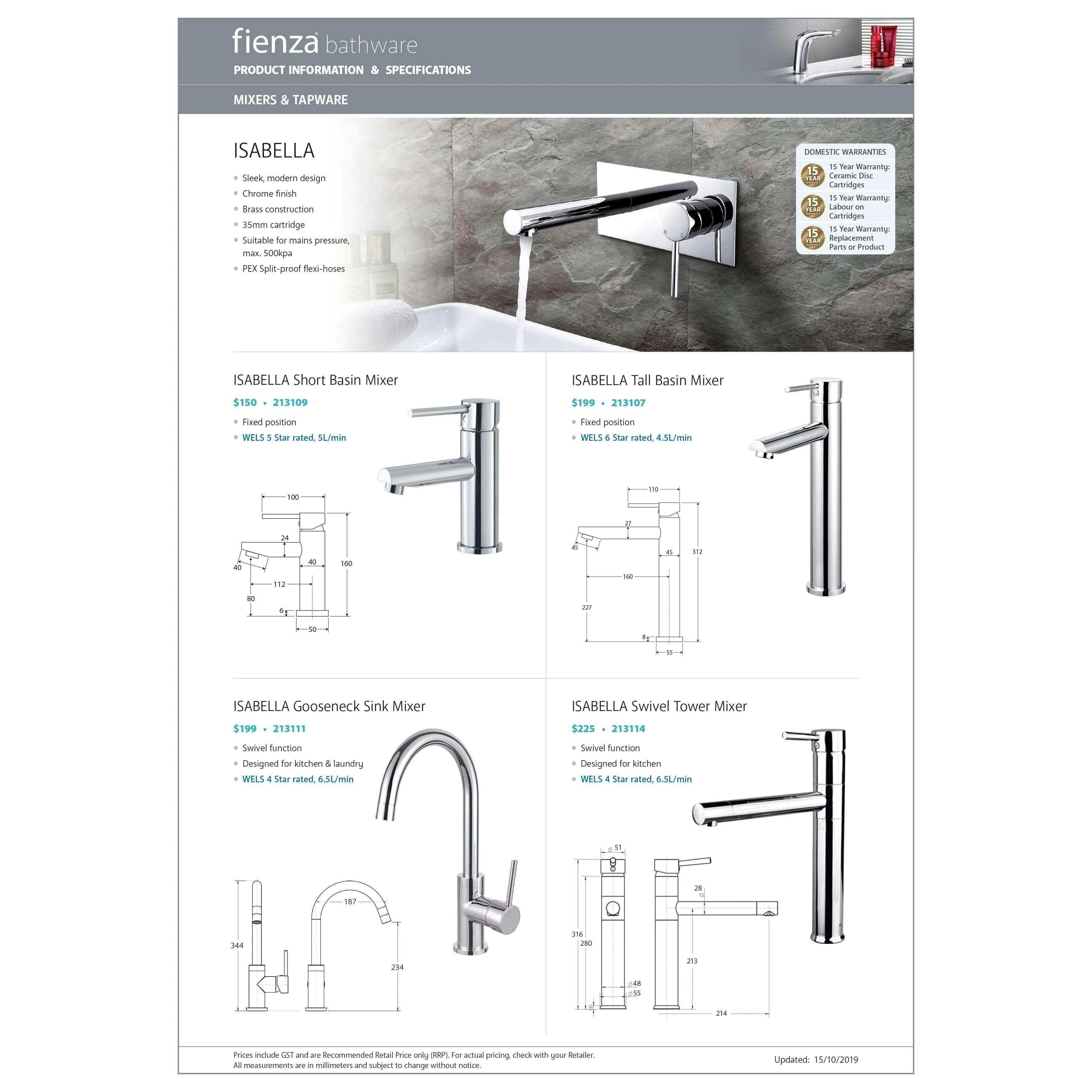 Fienza Isabella Bath Filler Inc Mixer With Shower Head Chro - Image 5