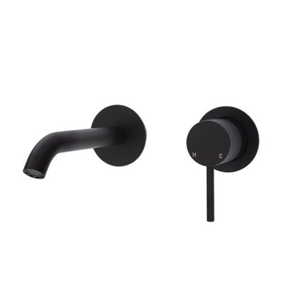 Fienza Kaya Basin/Bath Wall Mixer 160mm Outlet Set Matte Black Round Matte Black Plates - Image 2