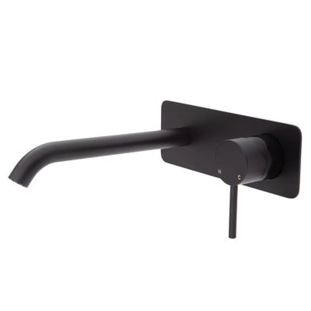 Fienza Kaya Basin/Bath Wall Mixer 200mm Outlet Matte Black Soft Square Matte Black Plate