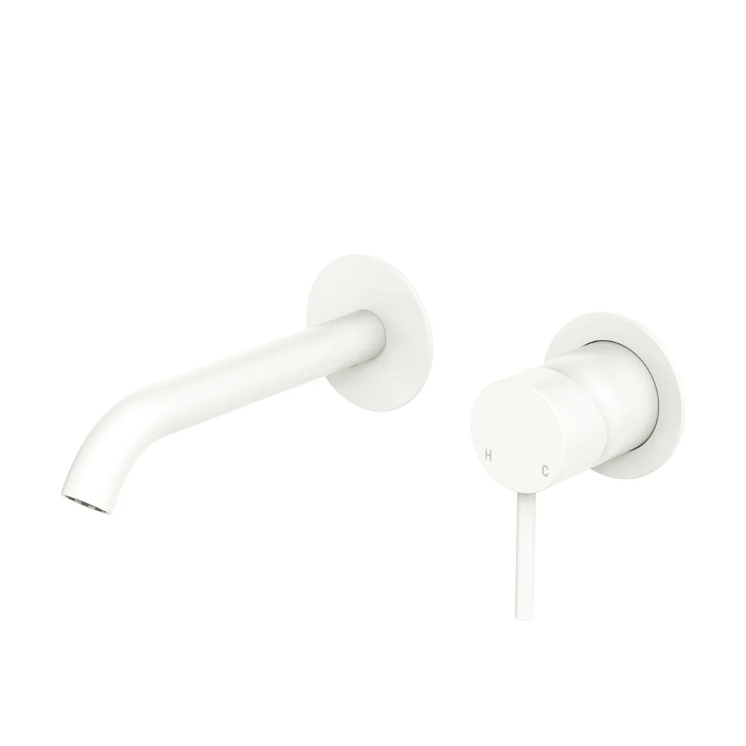 Fienza Kaya Basin/Bath Wall Mixer Set Round Plates 160mm Outlet Matte White - Image 2
