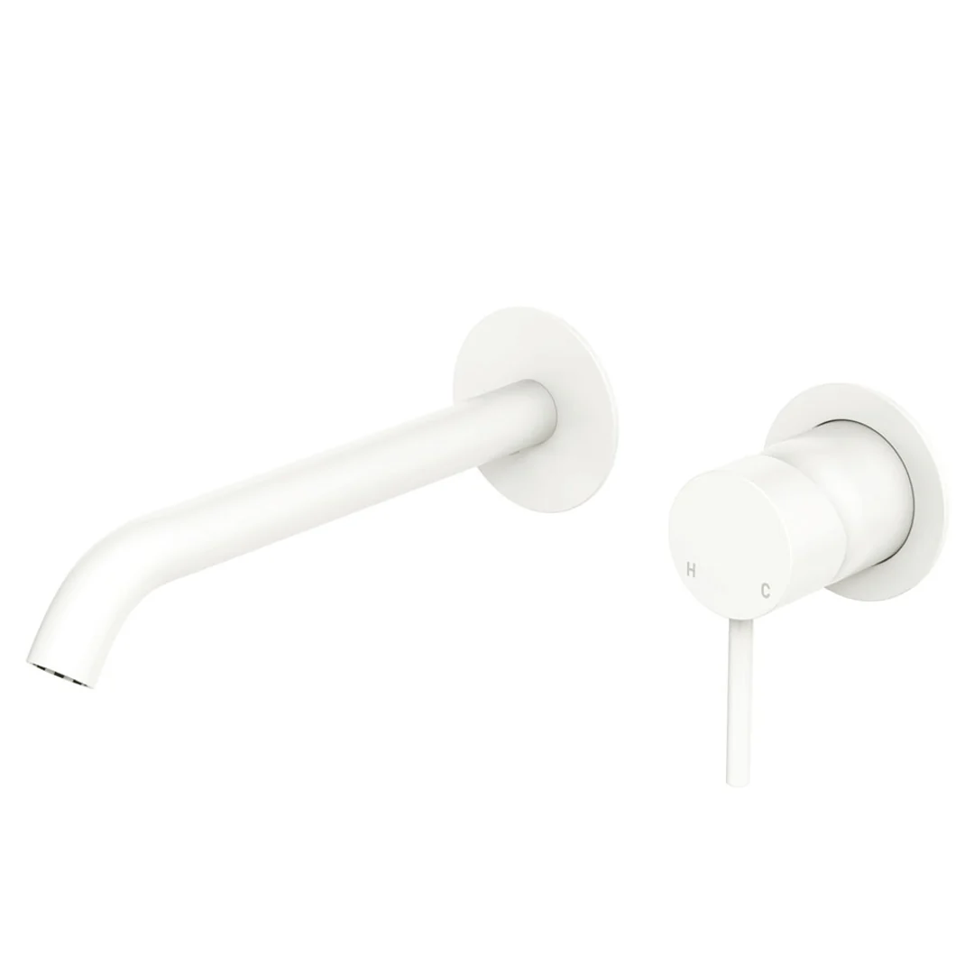Fienza Kaya Basin/Bath Wall Mixer Set Round Plates 200mm Outlet Matte White