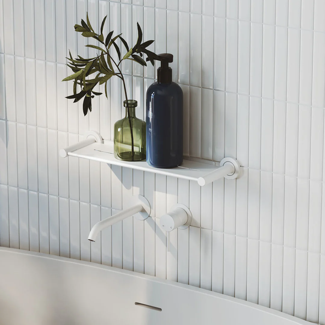 Fienza Kaya Basin/Bath Wall Mixer Set Round Plates 200mm Outlet Matte White - Image 4