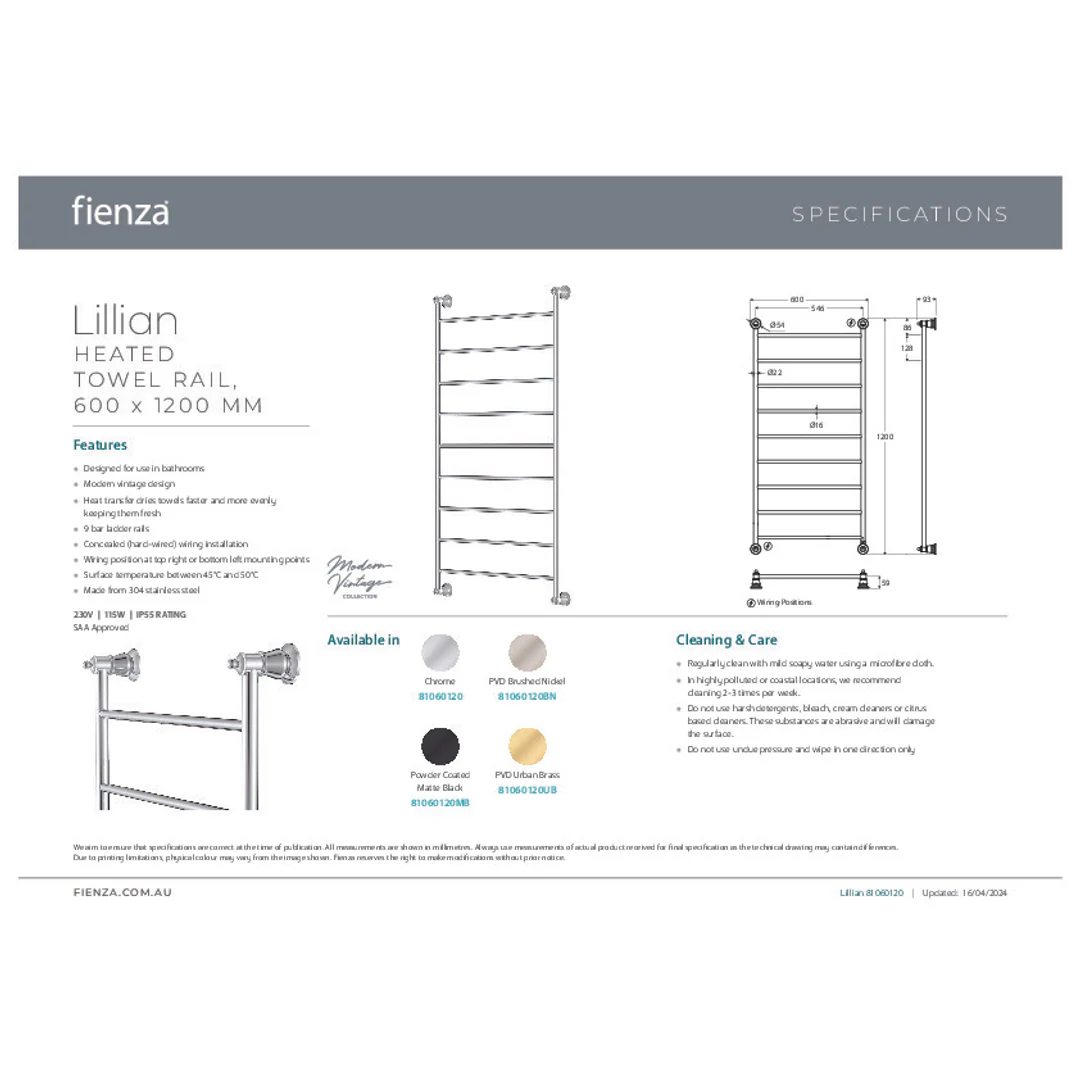 Fienza Lillian Heated Towel Rail 60120 Brushed Nickel 9 Bars 600 X 1208 X 95mm - Image 2