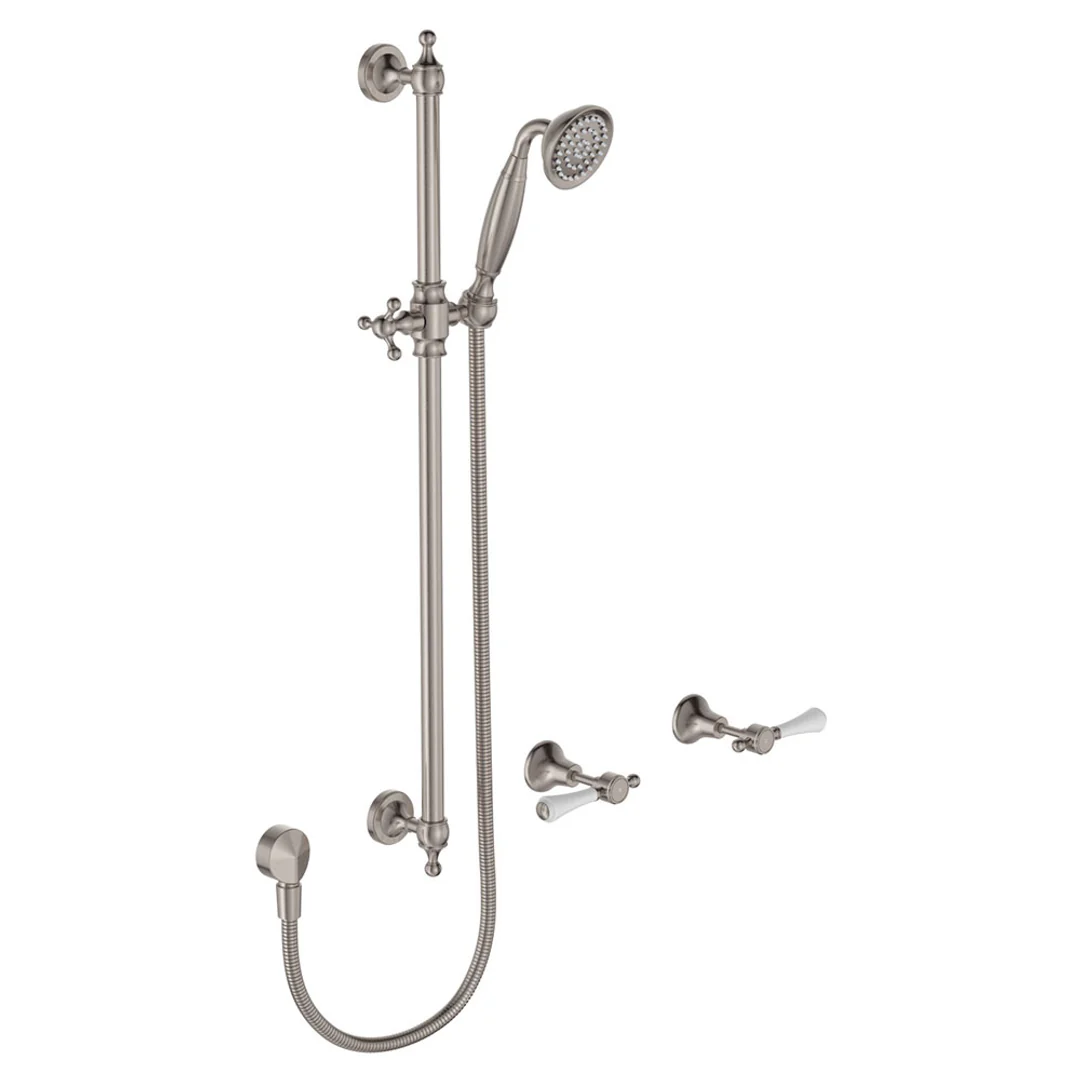 Fienza Lillian Lever Rail Shower Set Brushed Nickel With Ceramic White Handle