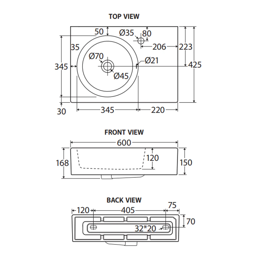 Fienza Reba Left Bowl Wall Basin No Tap Hole - Image 3