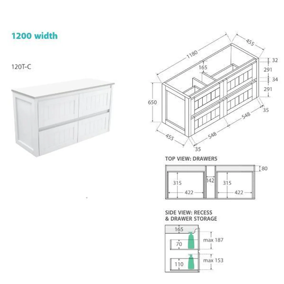 Fienza Rotondo Ceramic 1200 Hampton Wall Hung Cabinet 1 Tap Hole - Image 4