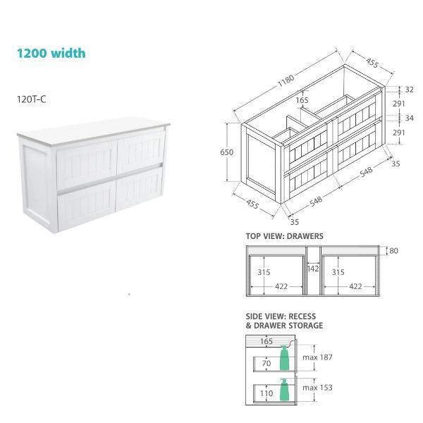 Fienza Rotondo Ceramic 1200 Hampton Wall Hung Cabinet 1 Tap Hole - Image 8