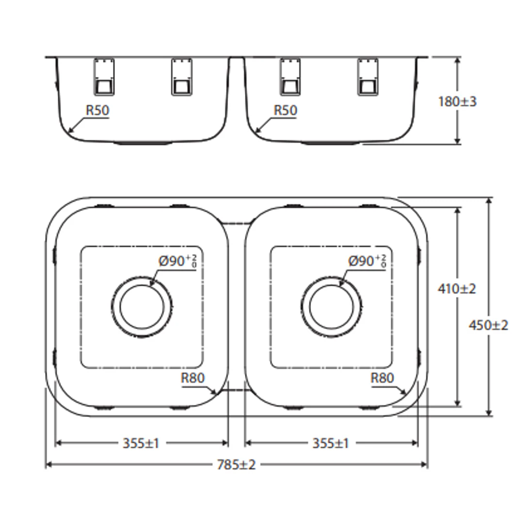 Fienza Tiva 785 Kitchen Sink Double Bowl Top Or Undermount 23L-23L Nth 785X450X180mm - Image 3