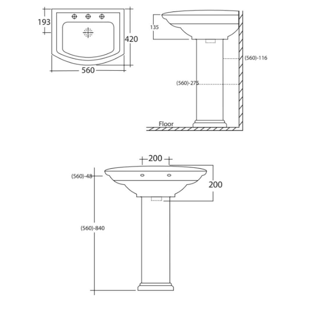 Fienza Washington 560 Wall Basin With Pedestal 560X420mm 1Th White - Image 3