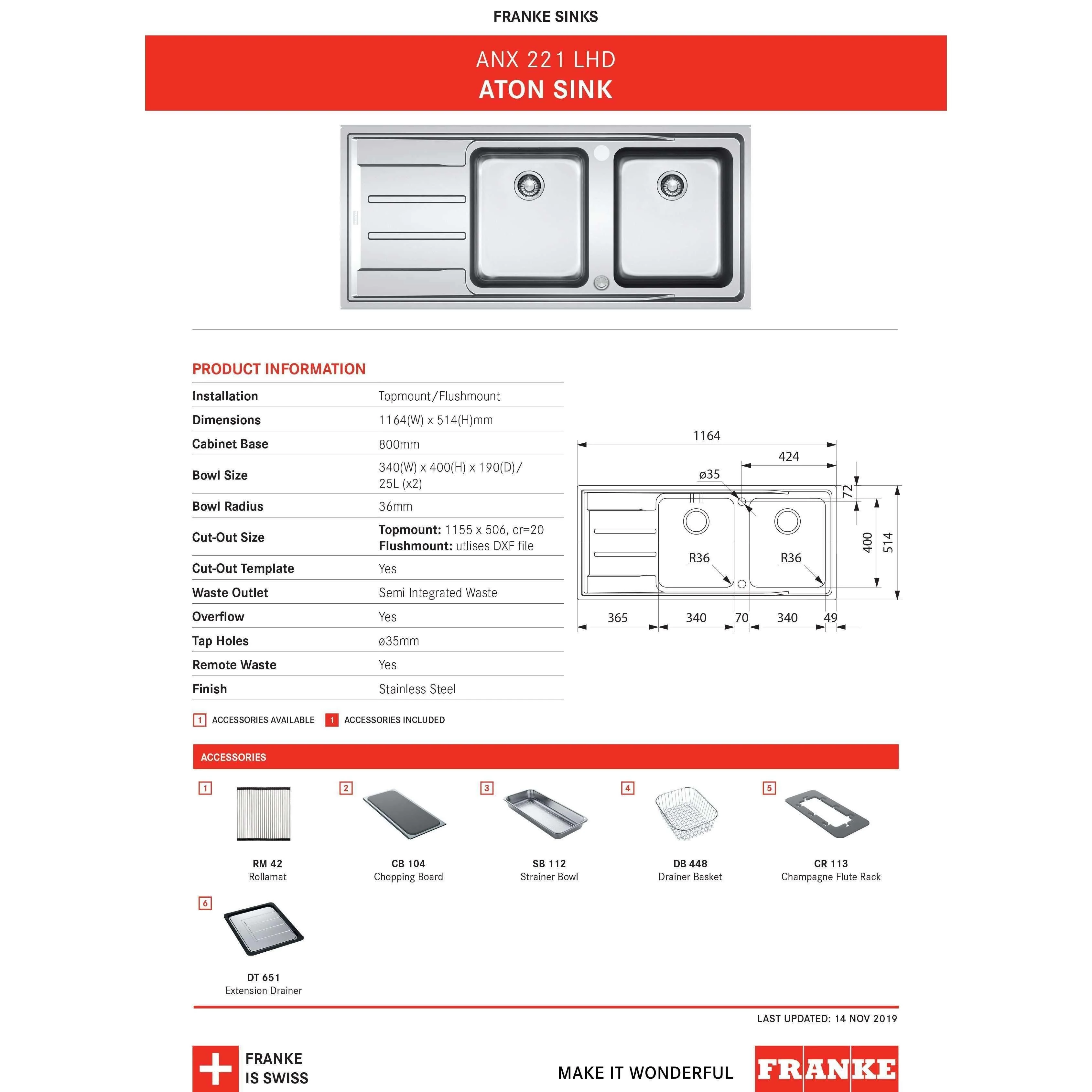 Franke Aton Double Bowl Sink Right Hand Drainer 1 Tap Hole Anx221Rhd: Ex-Display - Image 5