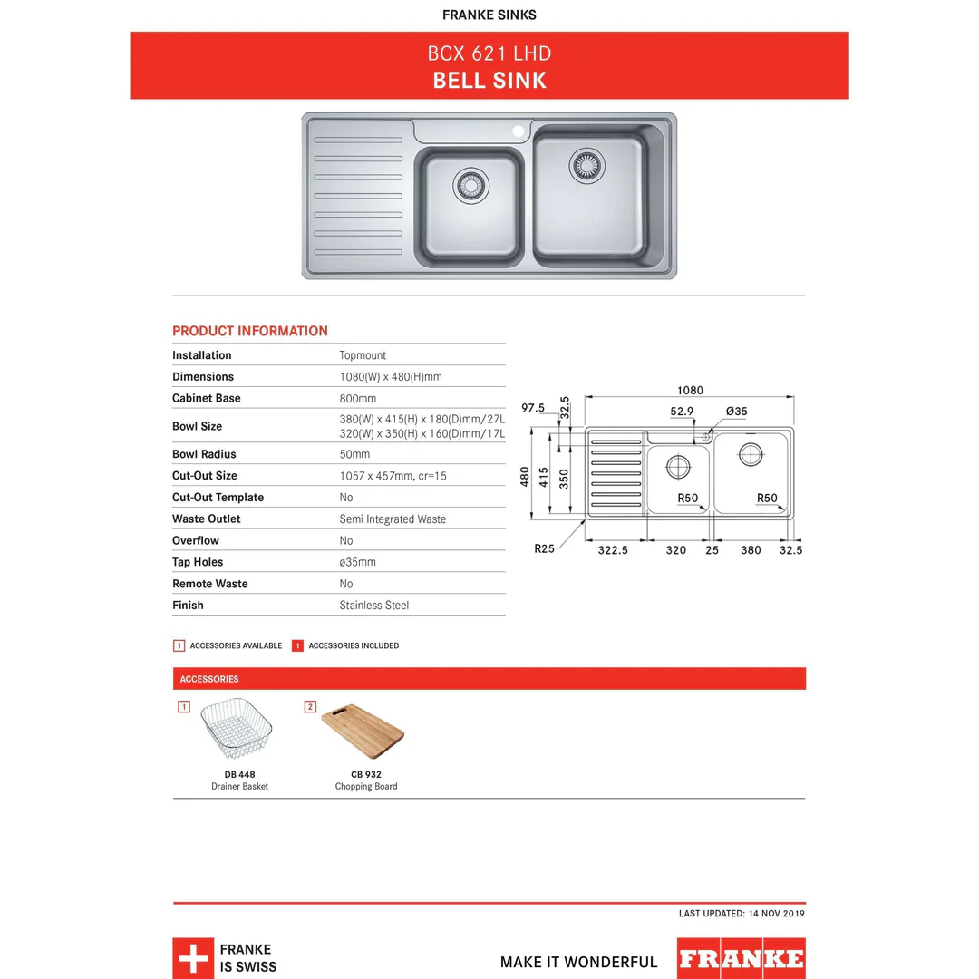 Franke Bell Inset Sink Double Bowl With Drainer 1080mm Bcx621Rhd - Image 4