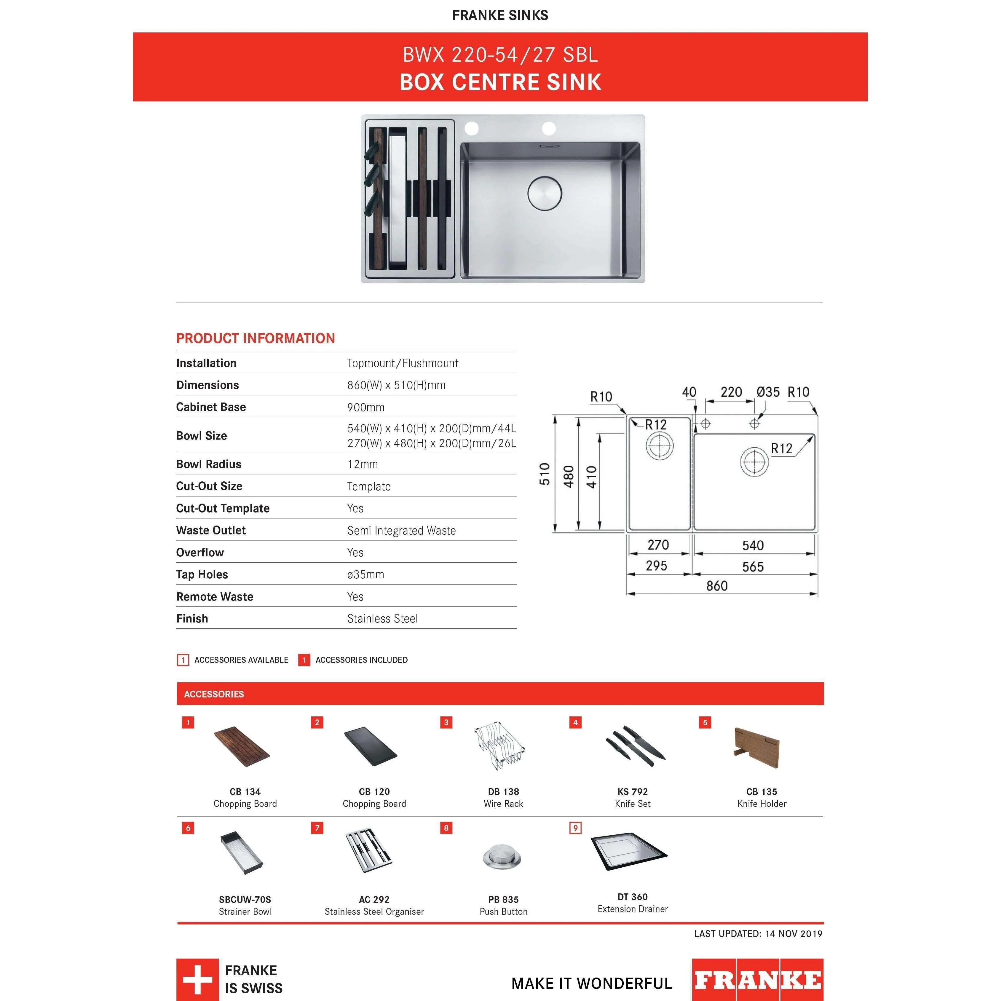Franke Box Centre Double Bowl Sink S/Steel Hof Kit Bwx220-54/27 Sbl - Image 4