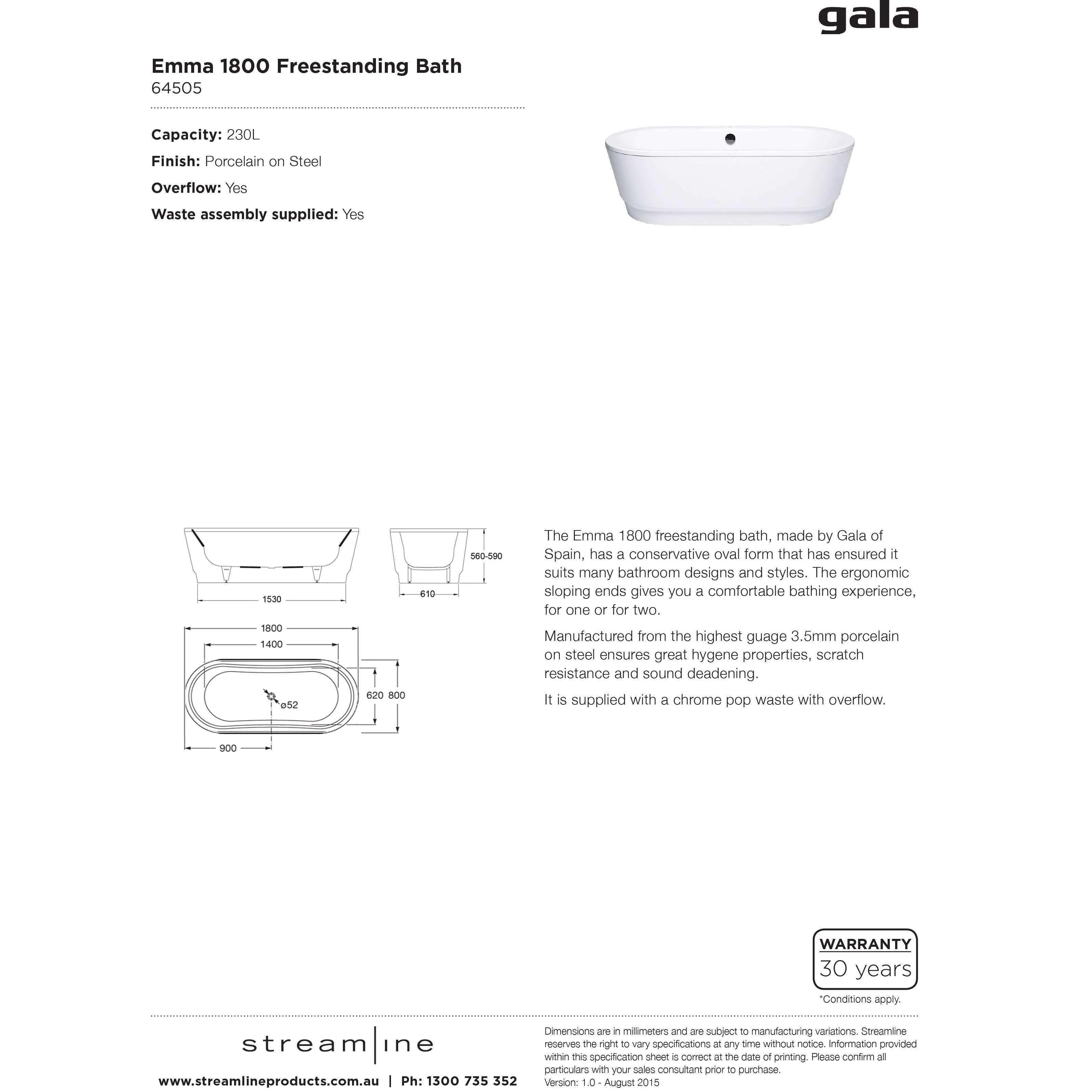 Gala Ea Pressed Steel Freestanding Bath Inc Waste 1800mm - Image 5