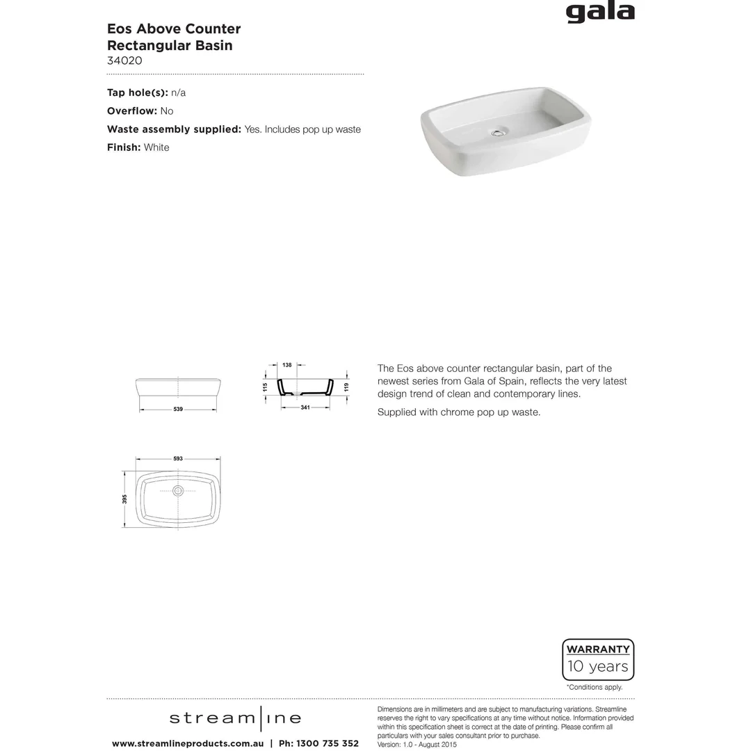 Gala Eos Above Counter Rectangle Basin C/W Popup Waste Nth W - Image 4