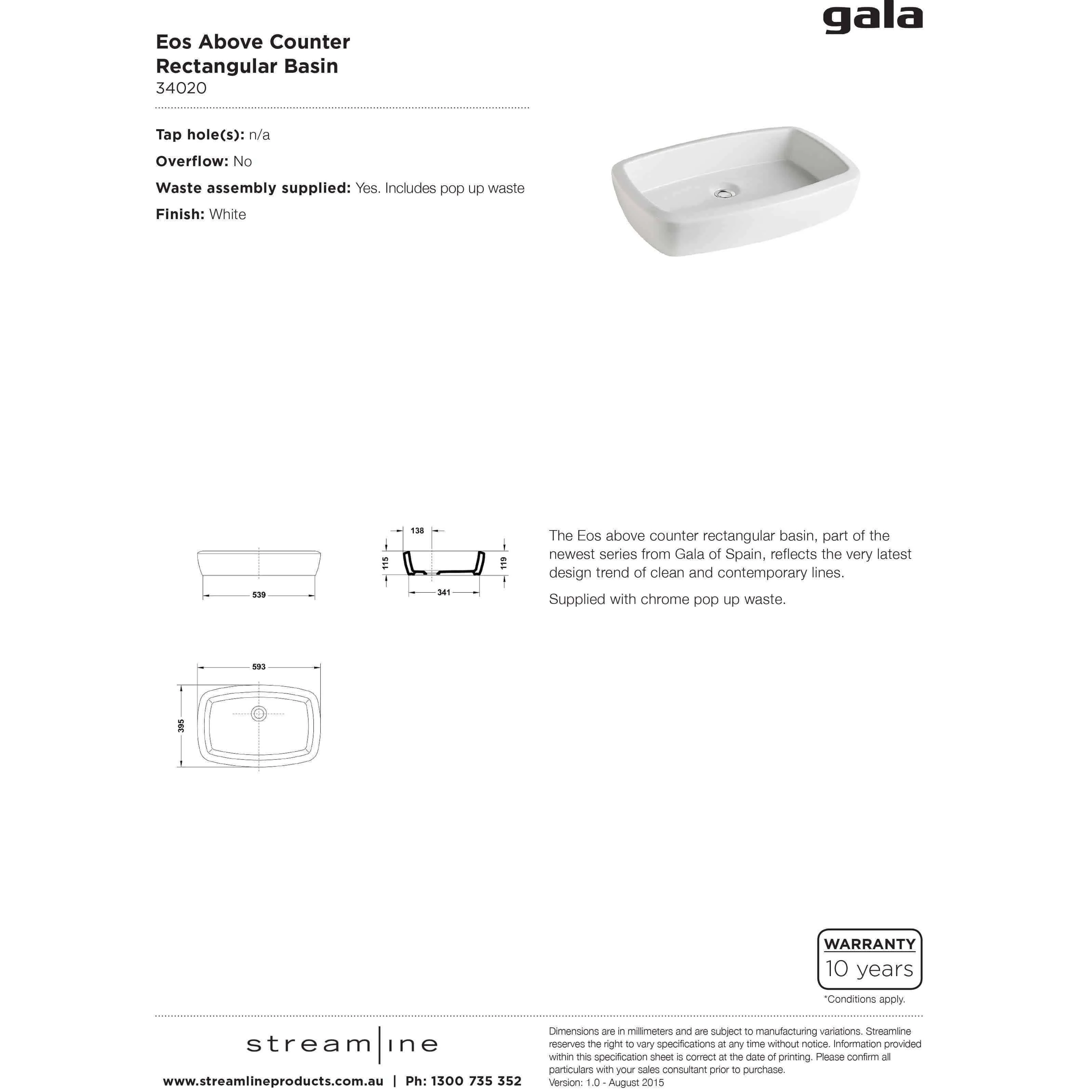 Gala Eos Above Counter Rectangle Basin C/W Popup Waste Nth W - Image 5