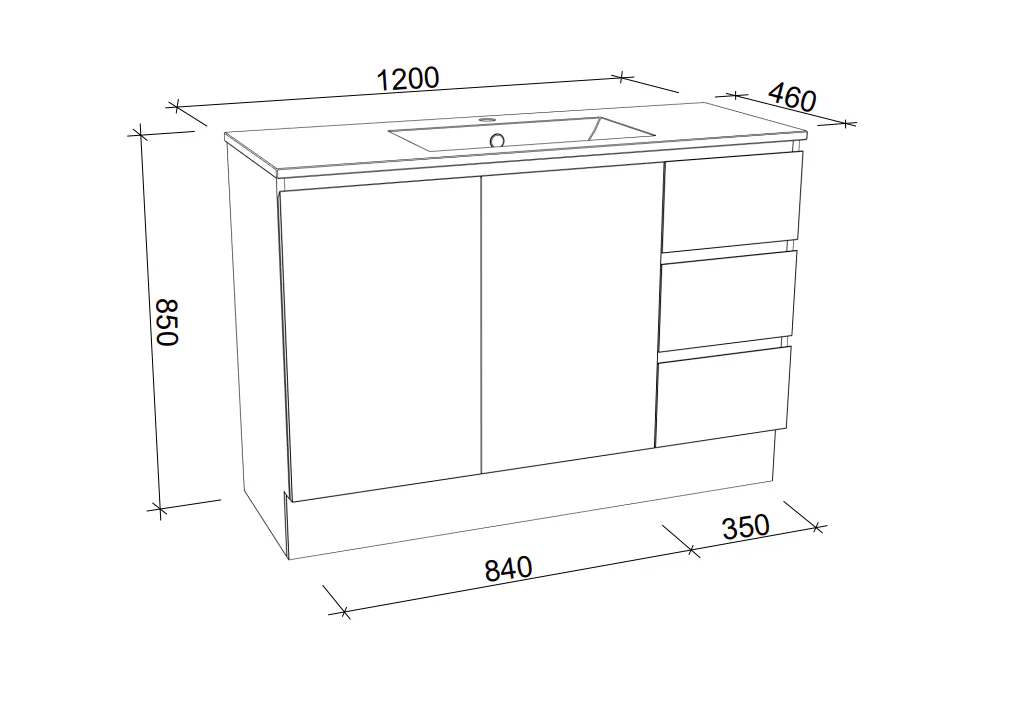 Harmony Three Drawer Vanity 1200mm, Centre Bowl Alpha Top, Floor Standing - Image 8
