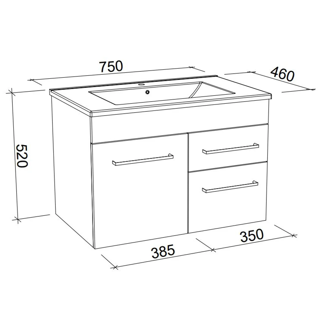 Indiana Vanity 750mm Alpha Ceramic Top  Wall Hung(Timberln P#:I75Aw) - Image 3