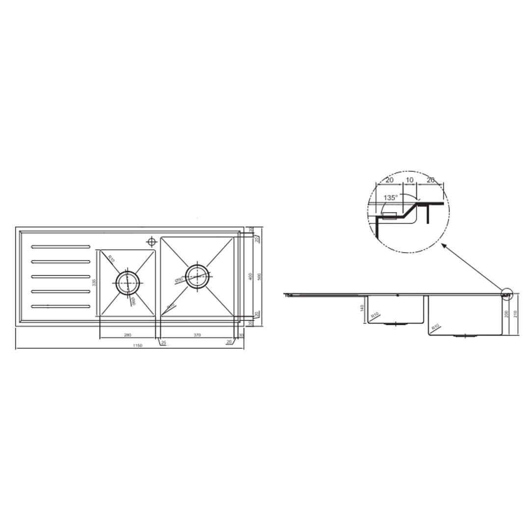 Interchange Kingston 1 & 3/4 Square Sink with Drainer 1150 X 500 X 200 - 1 Tap Hole - Image 3
