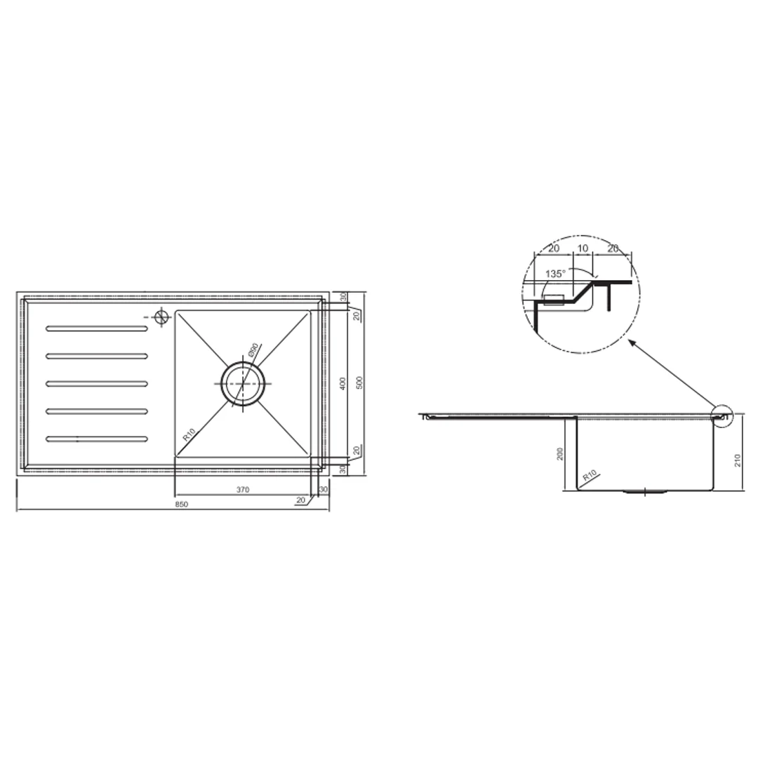 Interchange Kingston Single Bowl Sink with Drainer - 850 X 500 X 200 - Image 3