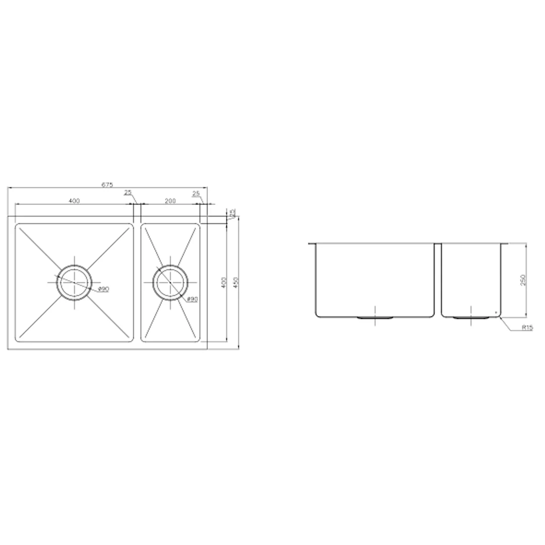 Interchange Uptown 250 1 & 1/2 Double Bowl Sink Radius Corner - 674 X 450 X 250 - Image 3