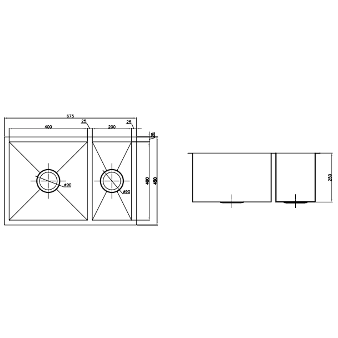 Interchange Uptown 250 1 & 1/2 Double Bowl Sink Square Corner - 674 X 450 X 250 - Image 3