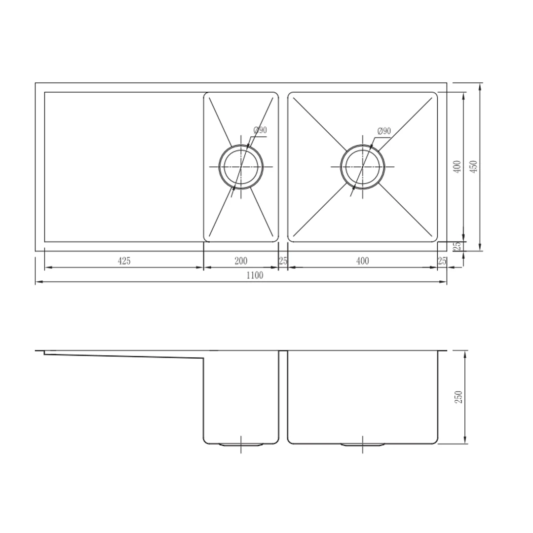 Interchange Uptown 250 Double Bowl Sink & Drainer Radius Corner - 1100 X 450 X 250 - Image 3