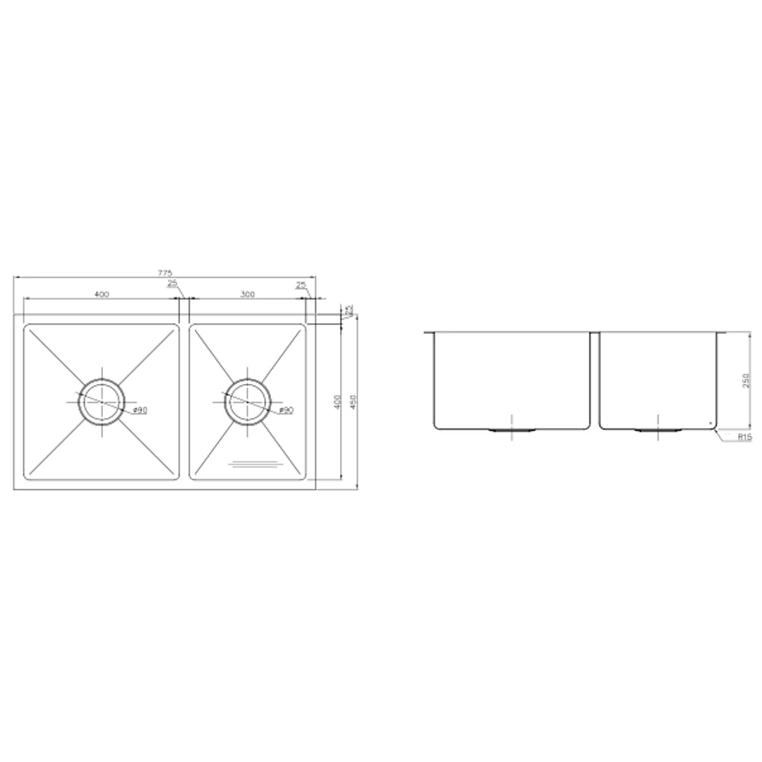 Interchange Uptown 250 1 & 3/4 Double Bowl Sink Radius Corner - 775 X 450 X 250 - Image 3