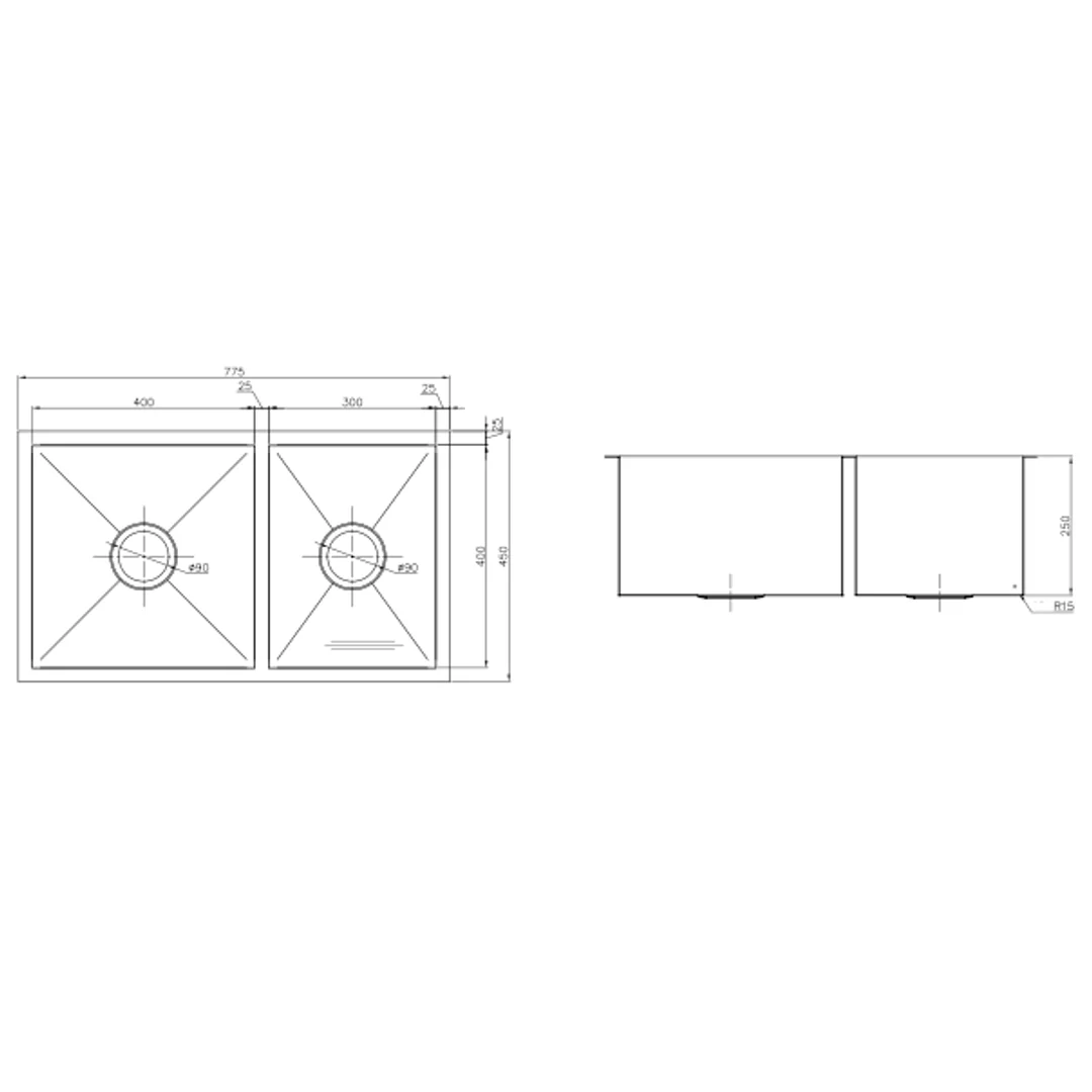 Interchange Uptown 250 1 & 3/4 Double Bowl Sink Square Corner - 775 X 450 X 250 - Image 3