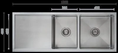 Interchange Uptown 250 Double Bowl Sink & Drainer Radius Corner - 1200 X 450 X 250