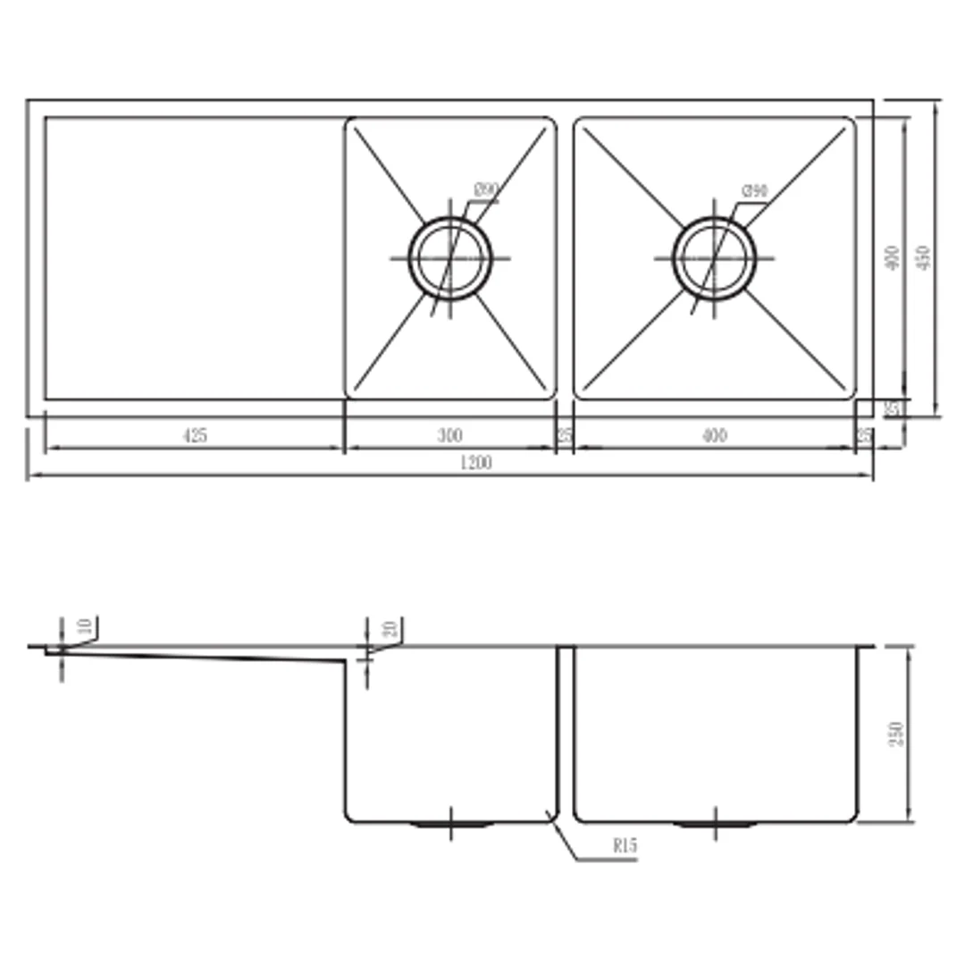 Interchange Uptown 250 Double Bowl Sink & Drainer Radius Corner - 1200 X 450 X 250 - Image 3