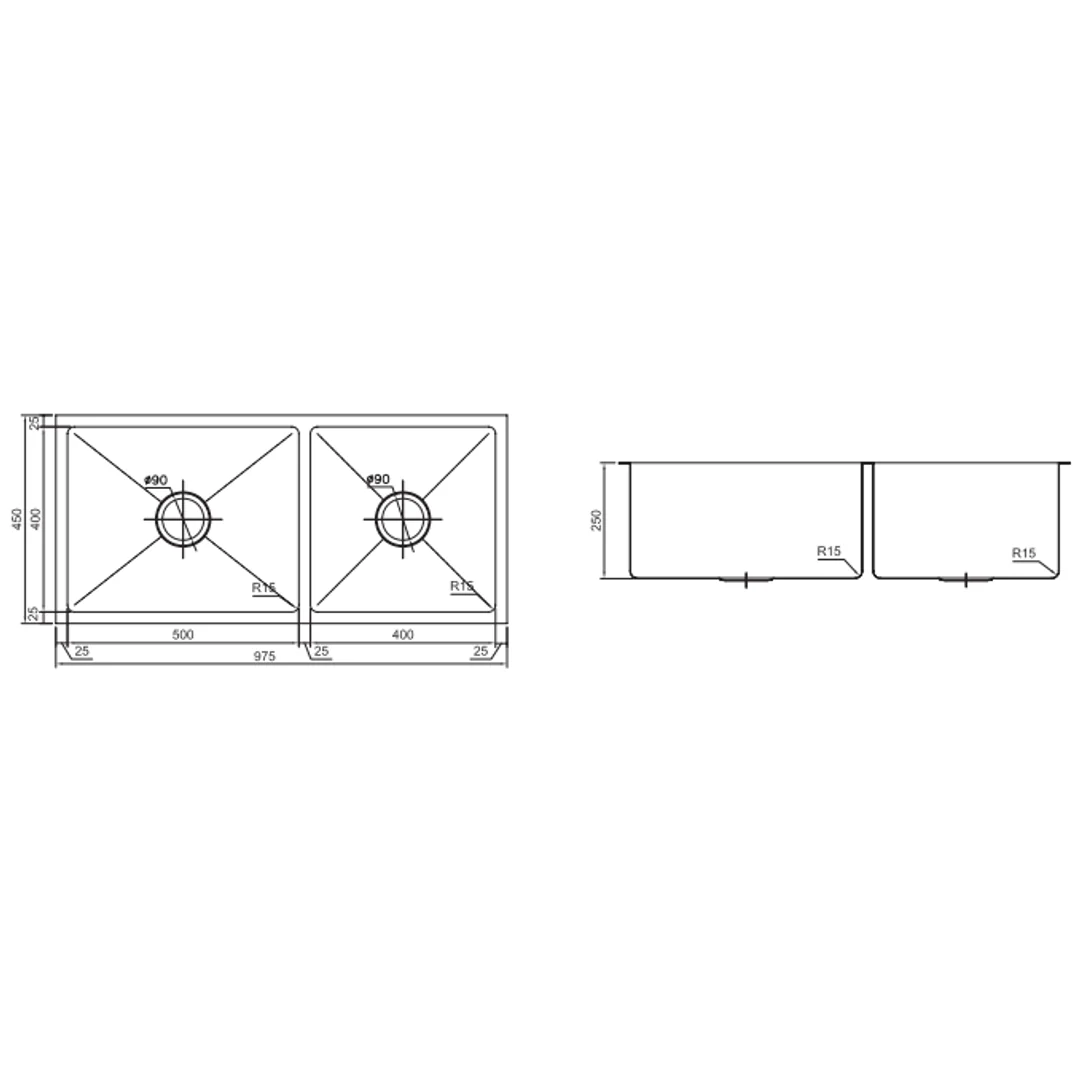 Interchange Uptown 250 Double Bowl Sink Radius Corner - 975 X 450 X 250 - Image 3